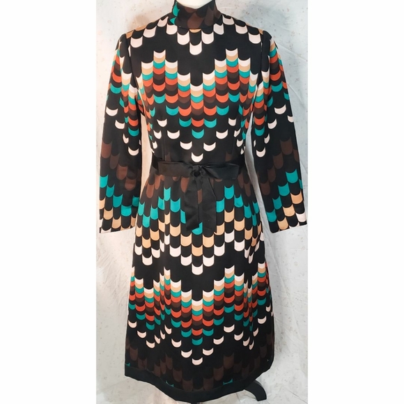 Vintage Dresses & Skirts - Adele Simpson Vintage 60s Black Geometric Dress Brown Teal Mock Neck Sheath
